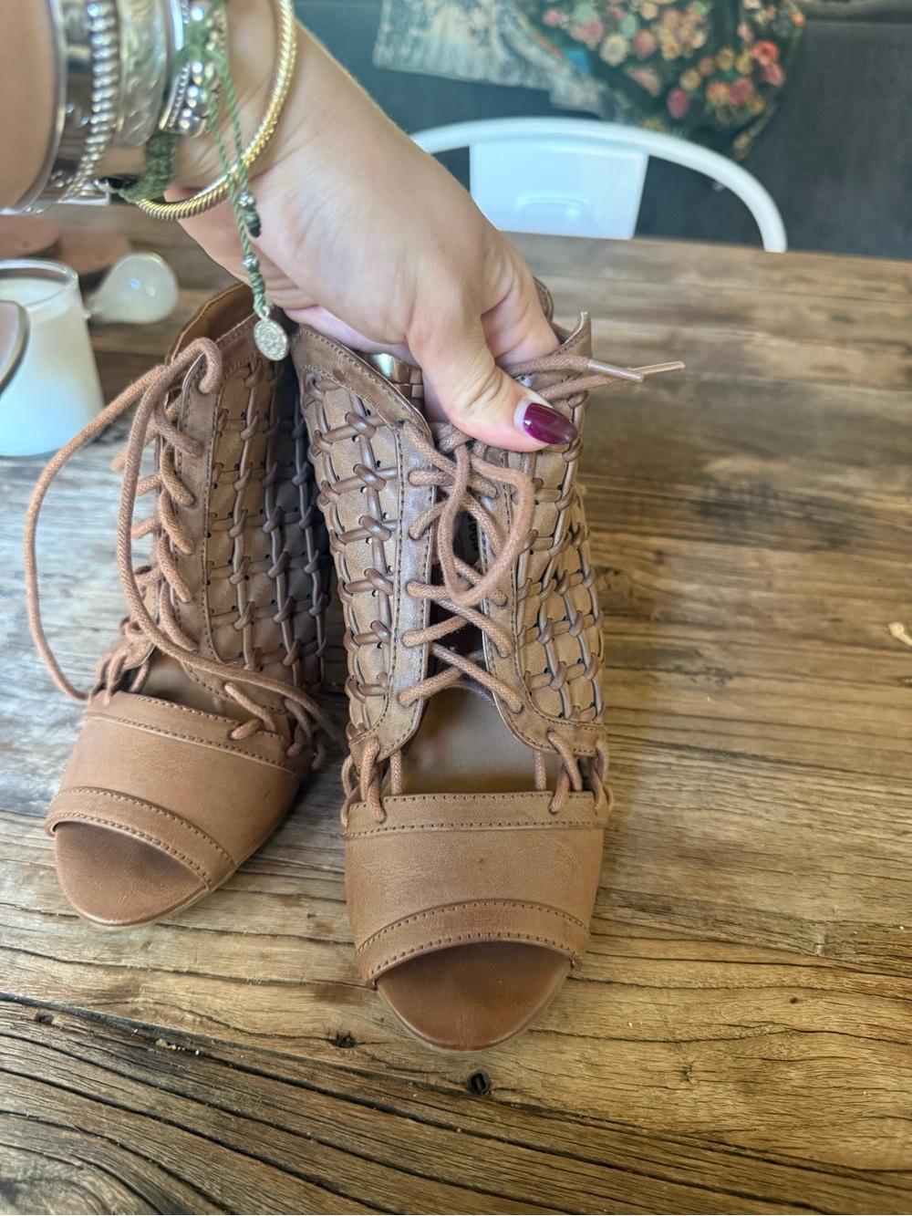 Women’s Tan Lace-Up Woven Peep-Toe Heels